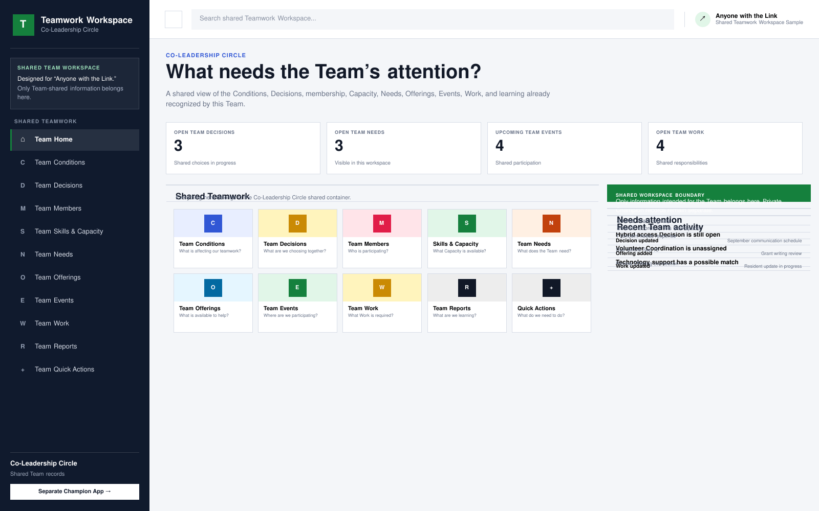 Sample Teamwork App showing the shared Team Home dashboard.
