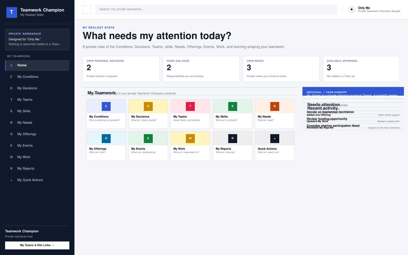 Sample Teamwork Champion App showing the private My Realest State dashboard.